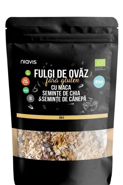 Fulgi de Ovaz Fini Fara Gluten cu Maca, Chia si Seminte de Canepa Ecologici/Bio 200 g, Niavis