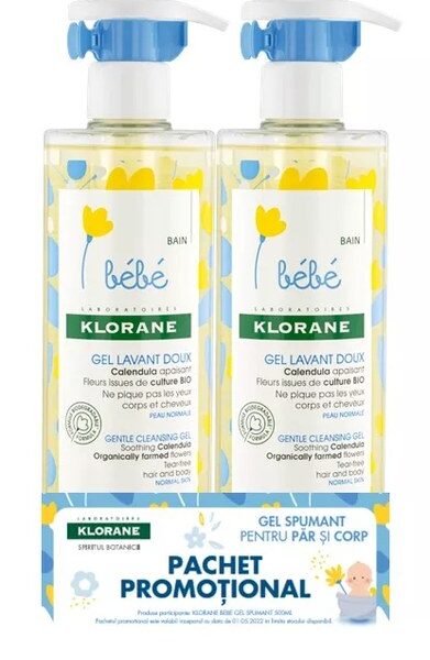 Gel spumant pentru par si corp, 500ml, 2 bucati, pachet promo, Klorane Bebe