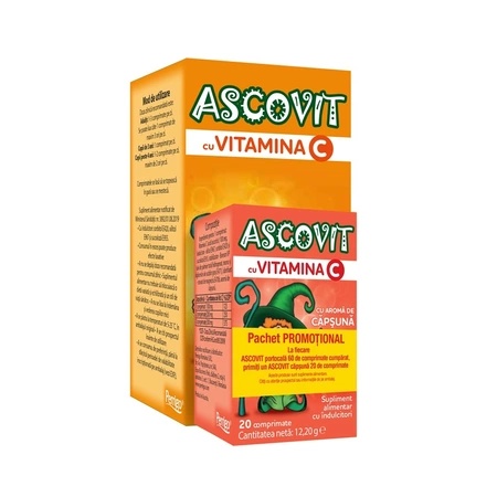 Pachet Ascovit cu Vitamina C, aromă de portocală 100 mg x 60 comprimate + Ascovit cu Vitamina C, aromă de căpșuni 100 mg x 20 comprimate, Perrigo