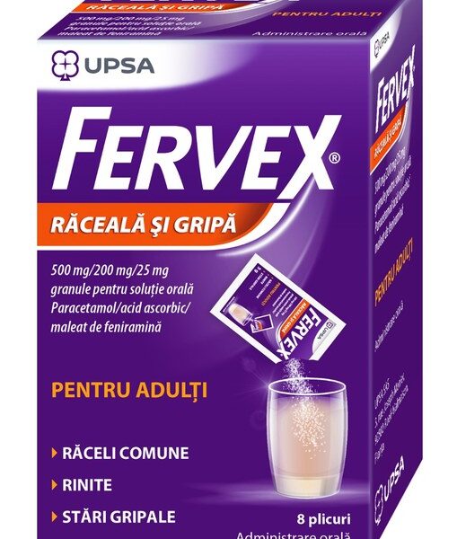 Fervex raceala si gripa pentru adulti, 500mg/200mg/25mg, 8 plicuri, Upsa