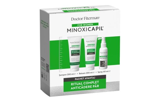 Pachet Spray impotriva caderii parului pentru femei Minoxicapil, 60ml + Sampon impotriva caderii parului Minoxicapil, 200ml + Balsam de par Minoxicapil, 200ml, Fiterman