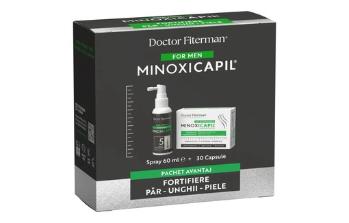 Pachet Spray împotriva căderii părului pentru bărbați Minoxicapil, 60 ml + Minoxicapil, 30 capsule, Fiterman