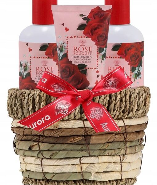 Set cosmetice cu parfum de trandafir, 3 produse intr-un cosulet de rachita 1637, Aurora