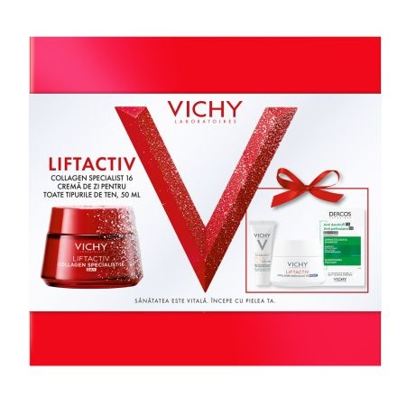 Pachet Cremă de zi Liftactiv Collagen Specialist 16, 50 ml + Cremă de noapte Liftactiv Collagen Specialist 16, 15 ml + Fluid cu SPF 50+ Capital Soleil, 3 ml + Șampon anti-mătreață Dercos, 6 ml, Vichy
