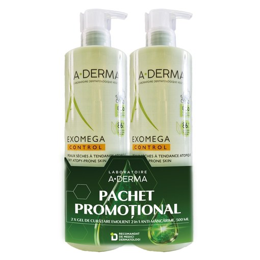 Pachet Gel de Duș Emolient 2 în 1 Exomega Control, 500 ml + 500 ml, A-Derma