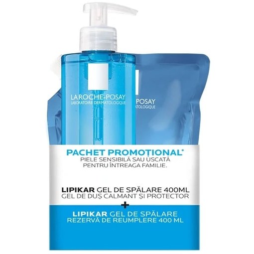 Pachet Gel de dus calmant si protector Lipikar, 400 ml + Rezerva, 400 ml, La Roche-Posay