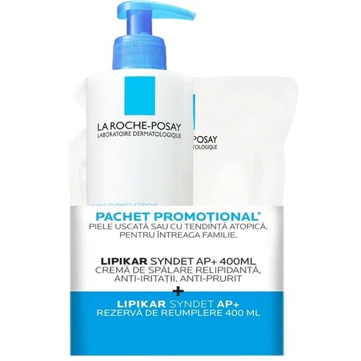 Pachet Crema de spalare ultra-delicata, pentru pielea uscata cu tendinta atopica Lipikar Syndet AP+, 400 ml + Rezerva, 400 ml, La Roche-Posay