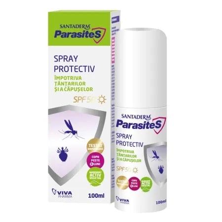 Spray protectiv cu SPF 50 impotriva tantarilor si capuselor Parasites Santaderm, 100 ml, Viva Pharma