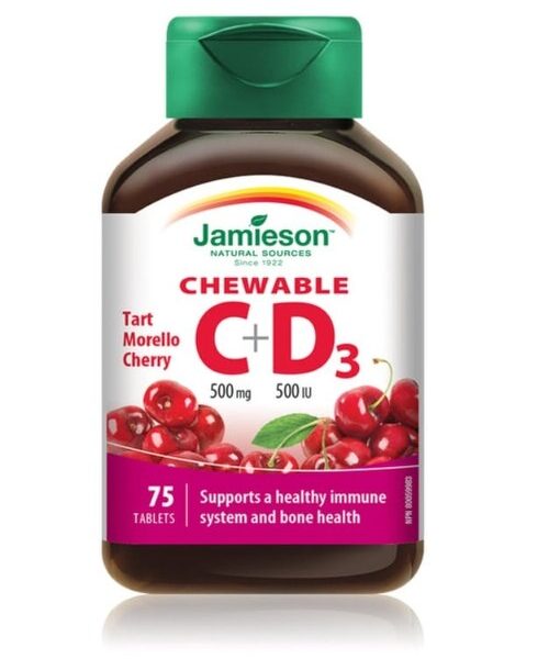Vitamina C 500 mg + Vitamina D3 500 UI cu aroma de cirese, 75 comprimate masticabile, Jamieson